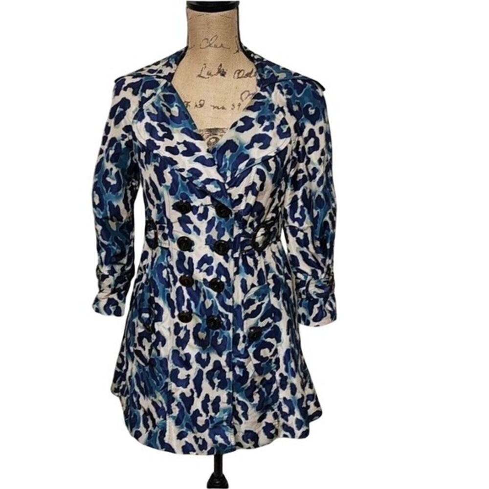 Nanette Lepore Blue Leopard Print Double Breasted Belted Trench Coat Size 2